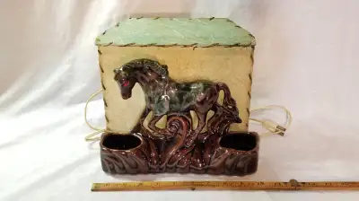 Glazed ceramic mcm horse tv table lamp fibreglass shade c1950s, View more
