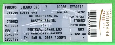 2005 HOCKEY TICKET BOSTON BRUINS VS MONTREAL CANADIENS 13 OCTOBER DEMANDE 10$ C-DIV-ART