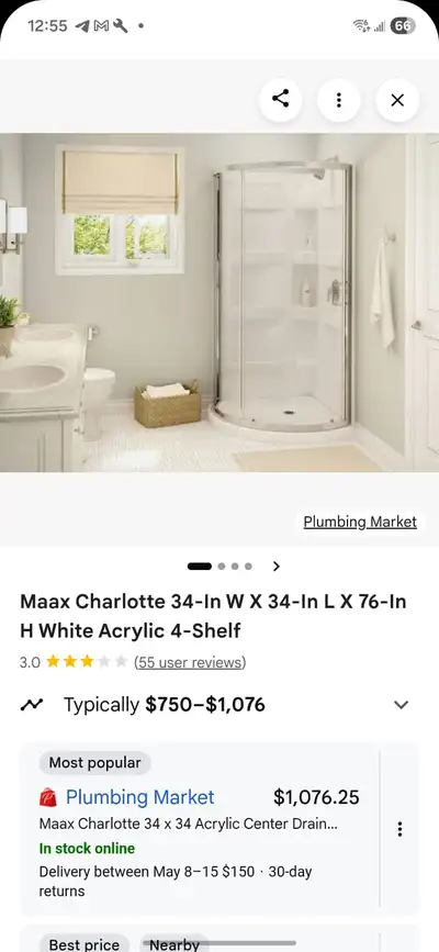 Charlotte 34 x 34 Acrylic Center Drain Shower Kit, View more