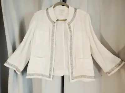 White Linen Beaded Jacket, open front, embellished with sparkling silver glass beads and silver thre...