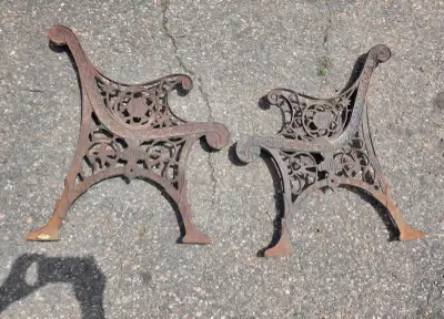 Antique/vintage ornate cast iron bench ends (pair), View more