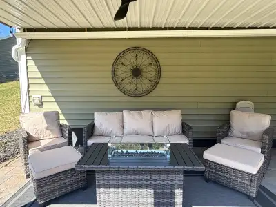 Outdoor patio set with fire table, View more