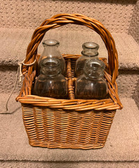 Vintage Glass Milk Bottles with Wicker Carrying Basket