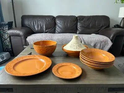 Made in Portugal. Ceramic, dishwasher safe. Tajine. 11”D x 9”H. Serving Bowl. 9.5”D x 5.25”H. Servin...