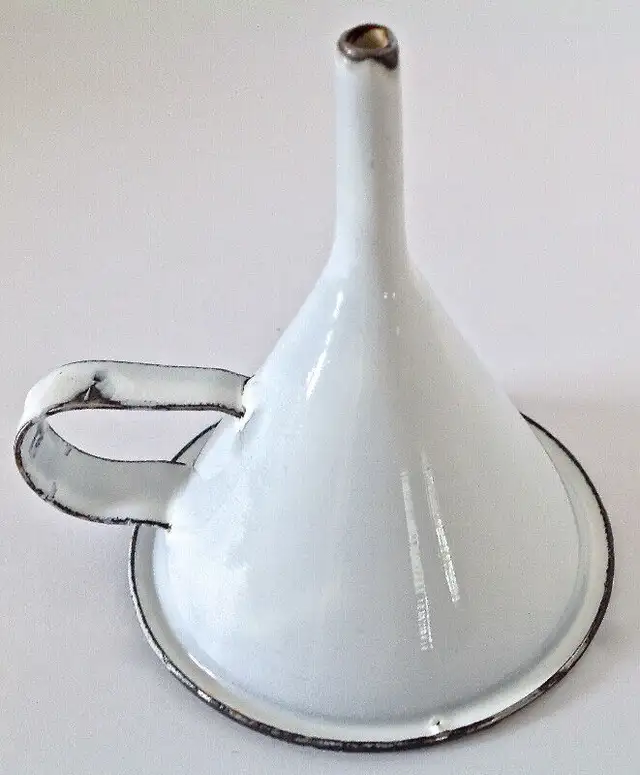 Antiquity. Collection. Old white enameled iron funnel63436969805571121