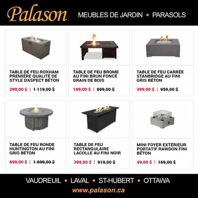 LIQUIDATION Tables à feu NEUVES EN BOITE / Foyer extérieurs au gaz / Fire Tables and Fire Pits SURPL...