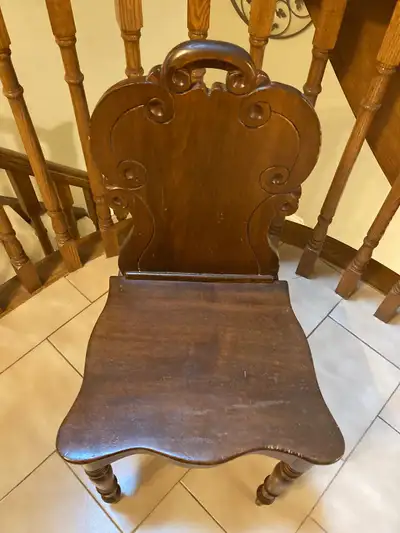 Unique Antique Dark Wood Decorative Stool /Scalloped Back, View more