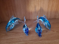 Murano Blue glass CRYSTAL decorative dolphin statuettes