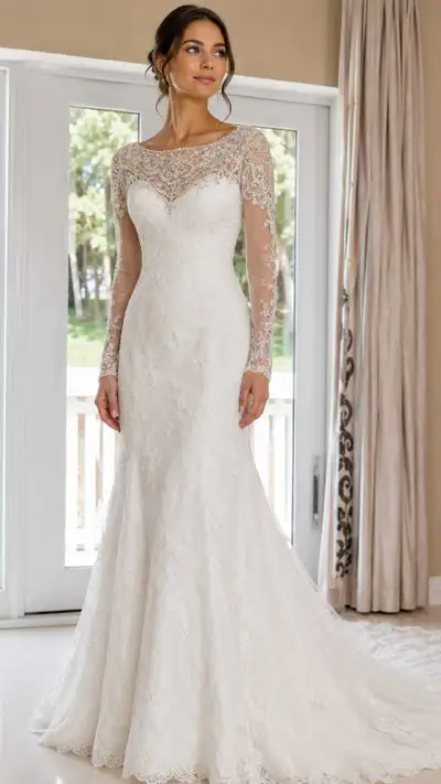 This stunning, pre-loved wedding dress features a sophisticated illusion neckline with intricate bea...