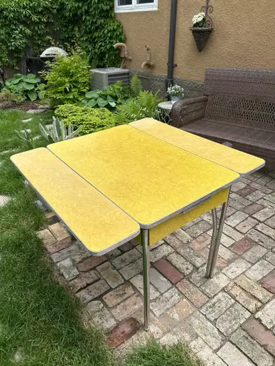 Vintage MCM Yellow Table -  Hidden Leaf Extension + Drawer, View more