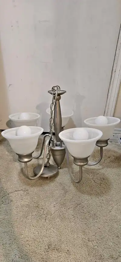 Modern 5-Light Chandelier – Brushed Nickel – Frosted Shades, View more