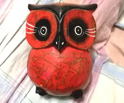 WOOD CARVED OWL FIGURINE, View more