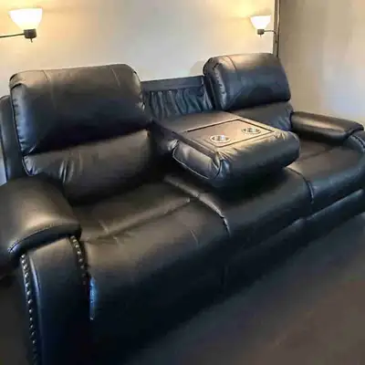  Black Leather 3-Seater Recliner Sofa with Center Console – $600, View more