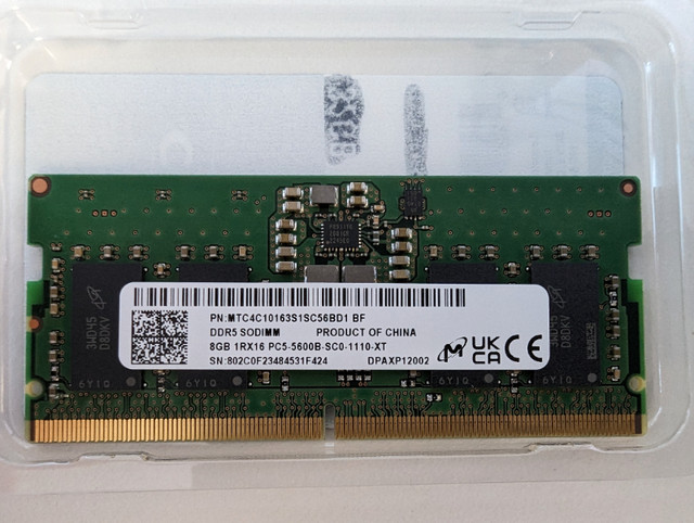 Micron 16GB(2x8GB) DDR5 5600Mhz SODIMMs in System Components in Saskatoon