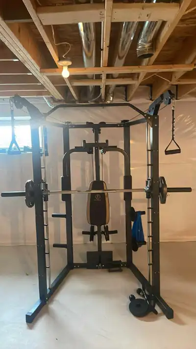 180pounds in weights can include. Easy assembly. I will take apart in 2 pieces. Moving and cannot ta...