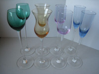 Vintage Set of 8 Long Stem Colored Glass Glasses