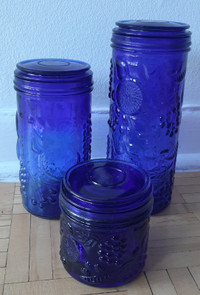 Vintage Cobalt Blue Glass Canister/ Storage Jar- Fruit Pattern