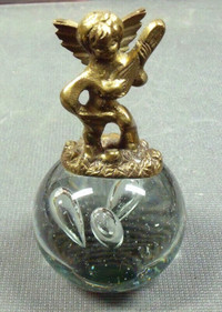 CRYSTAL BALL PAPERWEIGHT WITH BRASS ANGEL FIGURE