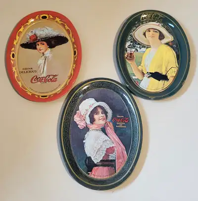 Vintage 1973 Collectible Coca Cola Advertisement Mini Oval Metal Trays Set of 3