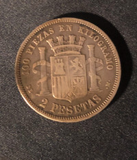 1870 SPAIN Liberty Genuine Silver 2 Pesetas coin