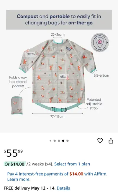 Waterproof, machine washable baby bib. Long sleeves and patented adjustable strap. Attaches to highc...