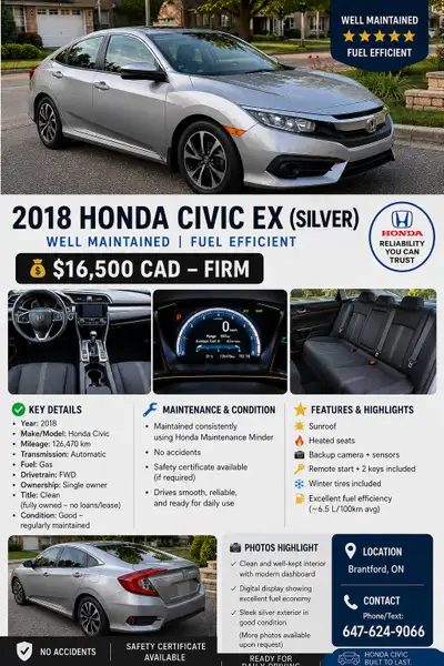 Welll maintained Honda Civic EX 2018 with 126400km
