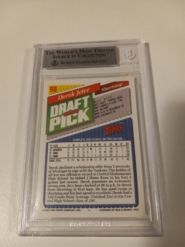Baseball Card Derek Jeter Rookie Card BGS Mint Topps 1993 HTF in Arts & Collectibles in Trenton - Image 3