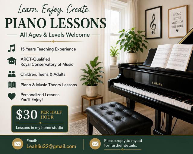 Piano Lessons – Experienced ARCT Teacher – All Ages
