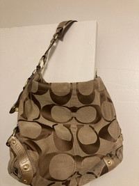 Coach Tan Silver Metallic Signature Hobo Bag Purse