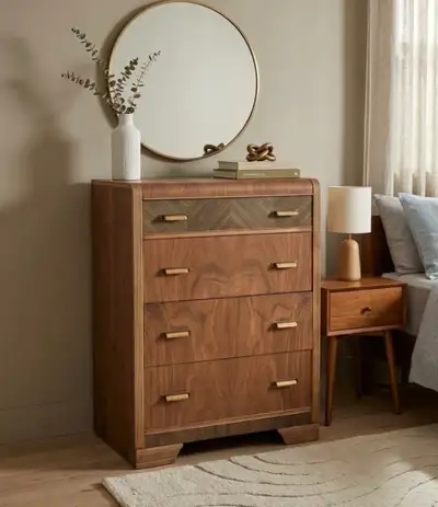 ✨ Solid Walnut Tall Dresser – Warm Vintage Waterfall Style✨, View more
