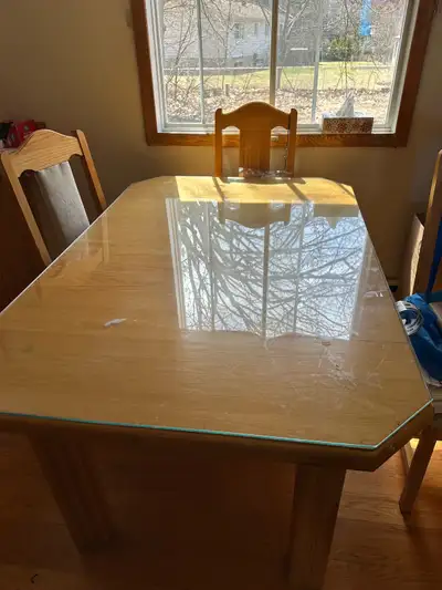Solid wood dining table with thick glass top, View more