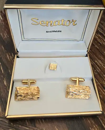 Add a touch of vintage elegance to your wardrobe with this set of Senator Sherman gold-tone cufflink...