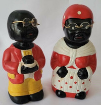 TWO VINTAGE PAINTED BOBBLE HEAD POTTERY COIN BANKS