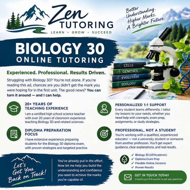 Biology 30 Tutoring and Diploma Prep