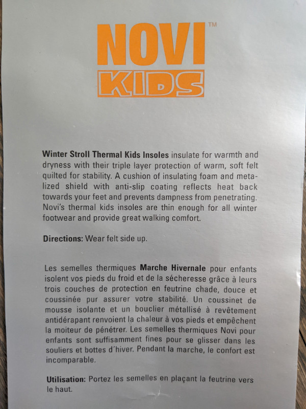 kids Thermal Insoles size 11/13 - Semelle Hivernale pour enfant in Kids & Youth in Gatineau - Image 2