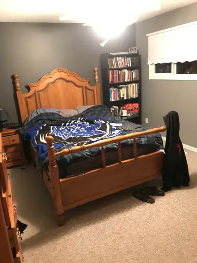 Queen Bedroom set. Includes the bedframe, wardrobe, nightstand and a box spring. One note: Will need...