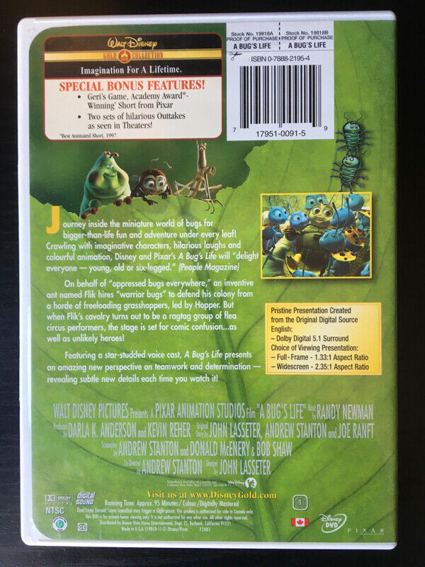DVD - A BUG'S LIFE (widescreen, en anglais seulement) dans CD, DVD et Blu-ray  à Ville de Montréal - Image 2