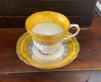 Vintage Gladstone Teacup and Saucer Yellow, White, Gold