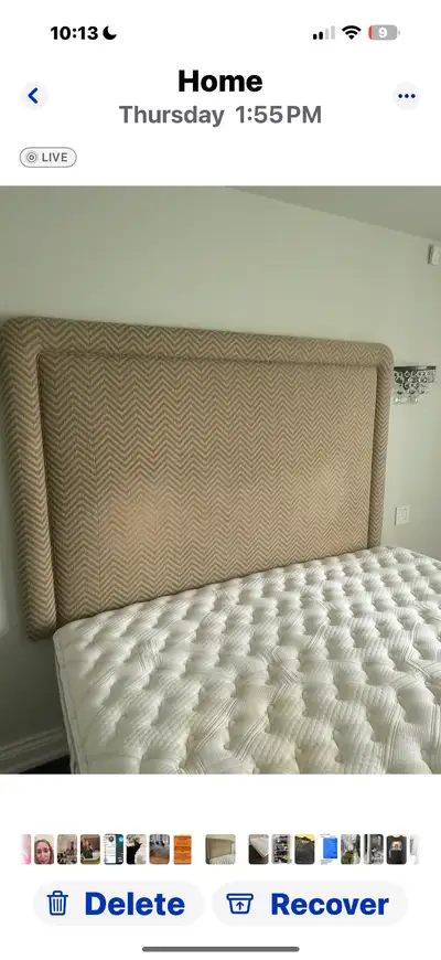 Beige and green chevron king headboard and 2 twin bases for a king bed. Both custom upholstered. Mat...