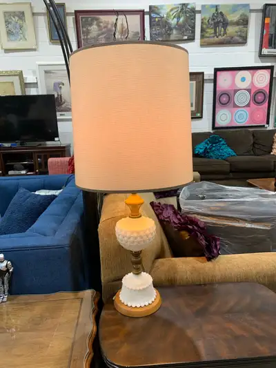 Vintage Hobnail Milk Glass Table Lamp with Wood base and accents, View more