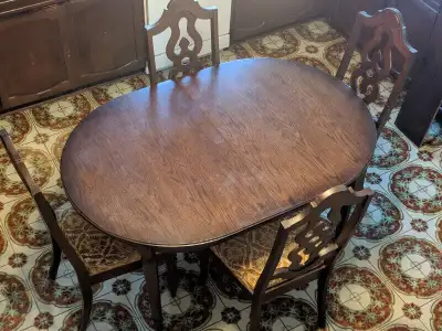 Antique wood kitchen/dining room table and chairs, View more