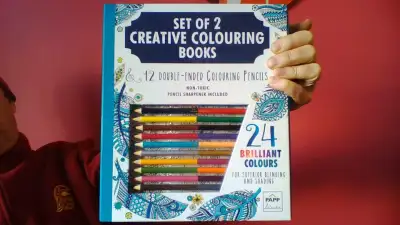 unused BOXED SET 2 ADULT COLORING BOOKS w/12 2-color PENCILS, View more