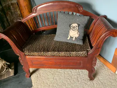 This is a sweet seat... The measurements are 3'5" x 3'11" x 4'5". It has under bench storage. There...