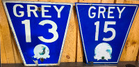 2 VINTAGE STEEL GREY COUNTY ROAD SIGNS 18" X 17" HEAVY