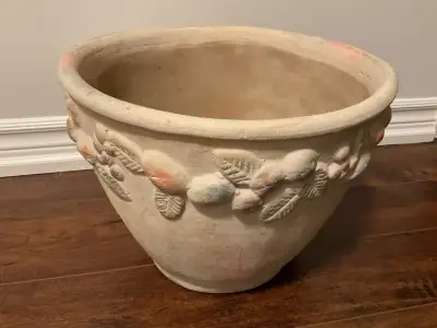 LARGE CONCRETE FLOWER POT IVORY COLOUR,  LEAVES AND FRUIT BORDER, View more