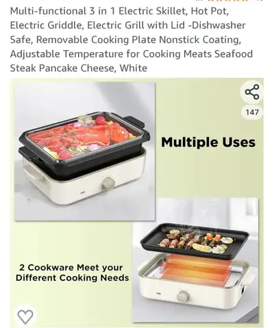 Multi-functional 3 in 1 Electric Skillet, Hot Pot, Electric Grid, View more