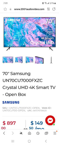 NEW SAMSUNG 70" TU6900 4K CRYSTAL UHD HDR SMART TV $759.99