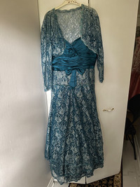Plus-Size Teal Blue Evening Gown with Removable Shrug (Size 16)