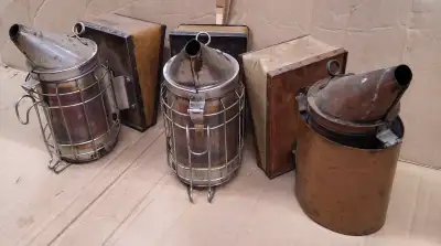 Three bee smokers. Good condition. Two stainless, one copper. $25 each, or $65 for 3. OBO.