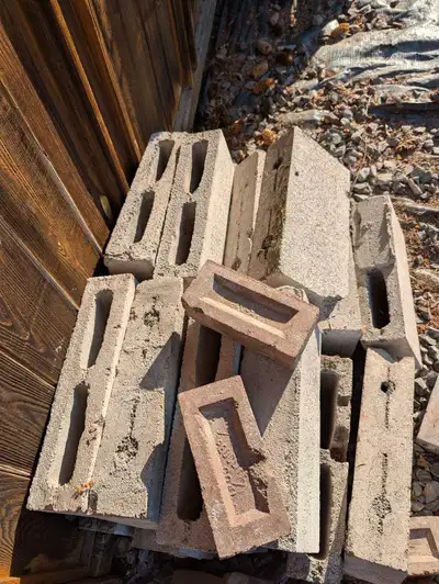 Used cinder block from old fireplace. Around 40 or so. 3-5/8 thick 15-5/8 wide and 7-1/2 high. Free
